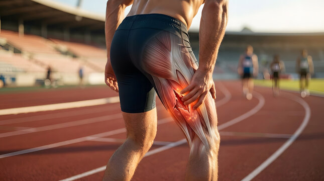 Athlete suffering from hamstring muscle injury while running on outdoor stadium track for training