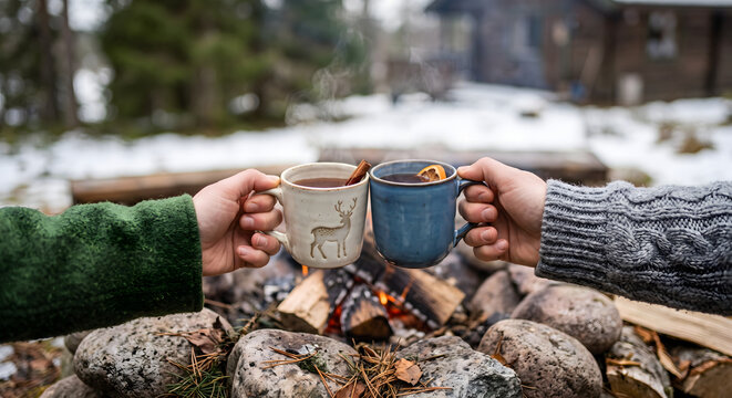 Hands holding mugs of hot drinks around a small outdoor fire pit