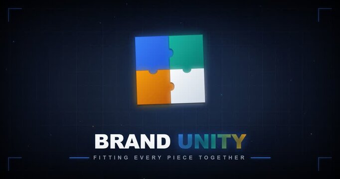 Corporate concept presentation with a colorful puzzle piece logo symbolizing brand unity and teamwork strategy on a dark background