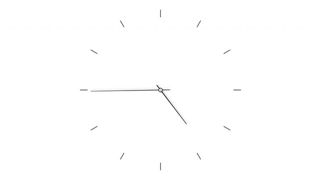 Minimalist black wall clocks with thin hands moving on white background. fast ticking clocks simple watch faces display time passing in sequence.