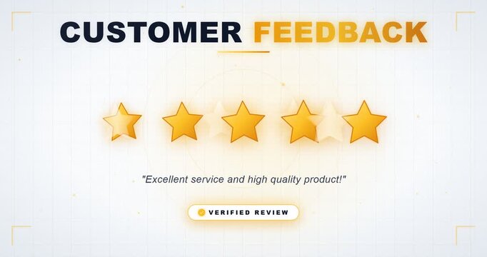 Golden five-star customer feedback rating banner with positive review comment and verified status