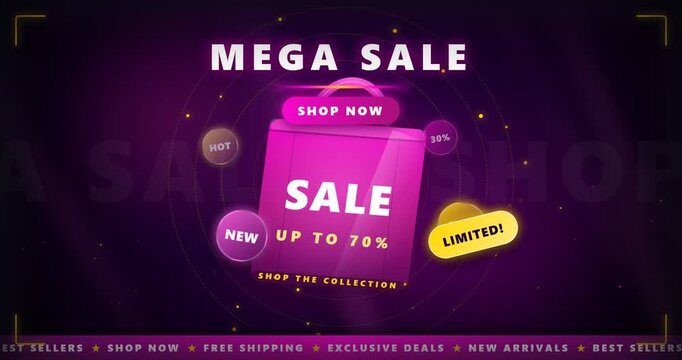 Purple mega sale promotion banner with a pink shopping bag and discount offer of up to 70 percent off, 16