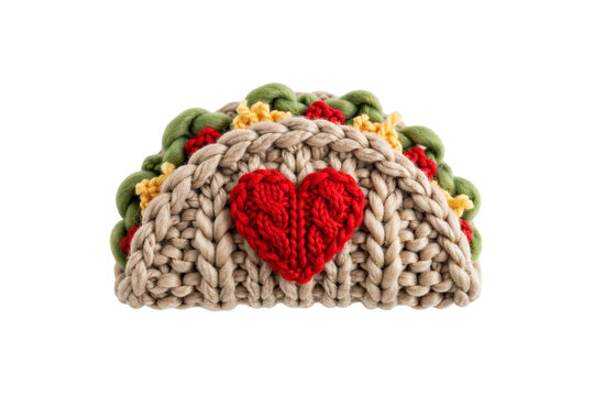 Handmade Knitted Taco with Heart: A charming, knitted taco accessory adorned with a red heart, showcasing intricate yarn craftsmanship and a whimsical culinary theme.