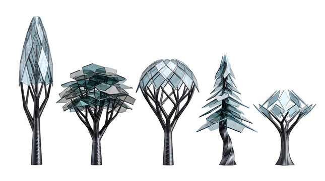 Set of five stylized futuristic trees with glass leaves and carbon fiber trunks isolated on transparent background