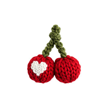 Knitted Cherry Charm: A charming pair of red knitted cherries, adorned with a white heart, connected by green knitted stems. A sweet and whimsical handmade accessory.