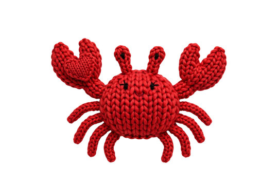 Knitted Red Crab Toy: A charming, hand-knitted red crab toy with prominent claws and antennae, perfect for children's play or as a decorative accent, set against a clean backdrop.