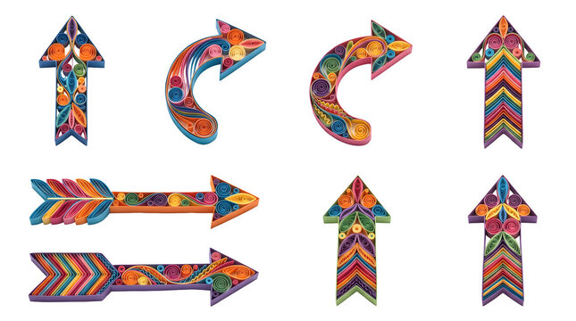 Set of colorful paper quilling arrows isolated on transparent background