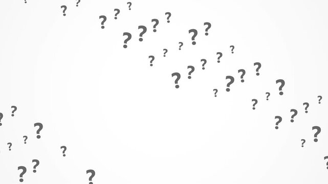 Multiple black question marks falling against a plain white background
