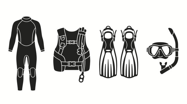 Scuba Diving Equipment Silhouette Set with Wetsuit, Fins and Diving Mask.