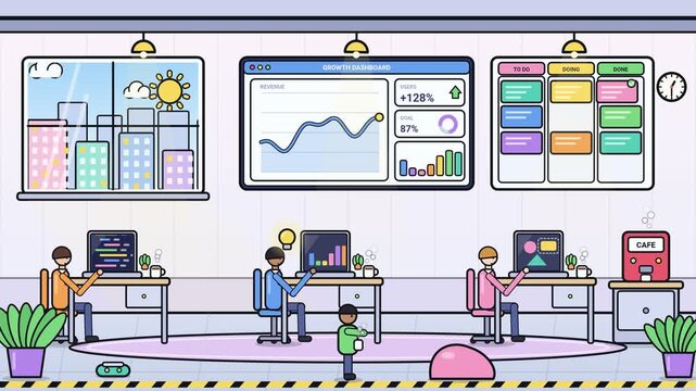 Modern Office Animation Showing Diverse Team Working In Startup Growth Dashboard Environment With Agile Workflow Management For Productivity Projects