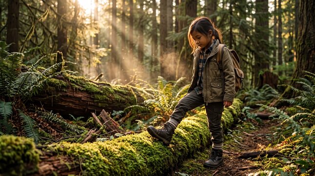 Southeast Asian Girl Feeling Soft Green Moss on Forest Trail Sunset