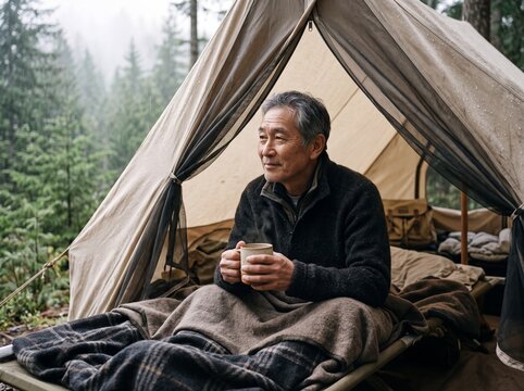 Serene Senior Man Listens to Rain Inside Cozy Canvas Tent