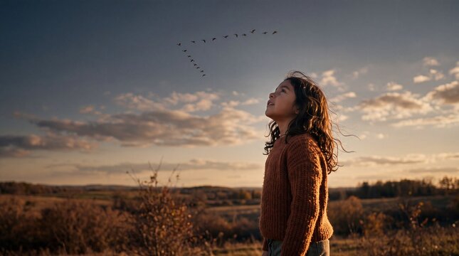 Young Hispanic Girl Gazing at Migrating Birds Under Golden Twilight Rim Light