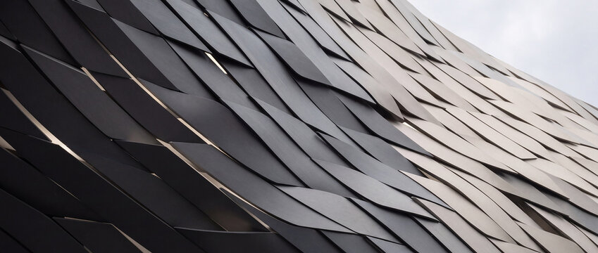 Architectural facade with curved metal panels arranged in an overlapping geometric pattern, creating an elegant exterior texture for contemporary commercial building projects