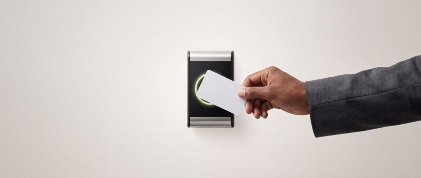 Hand using access control card on security reader for building entry, technology for safety and authorization