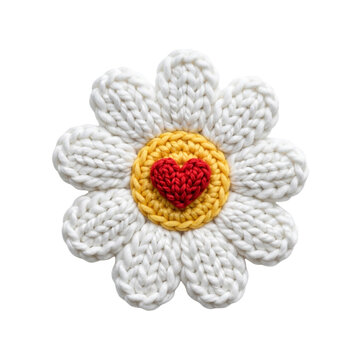 Knitted Flower Heart Charm: A charming, handcrafted knitted flower with white petals, a yellow center, and a red heart emblem, representing love and nature's beauty.