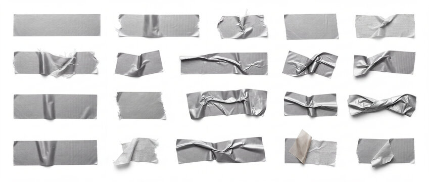 Duct tape set isolated on white featuring wrinkled, crumpled, torn, folded, and smooth silver adhesive strips with realistic metallic texture for collage mockup and creative design