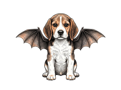 Cute Beagle Puppy Wearing Bat Wings Front View Vintage Halloween Etching