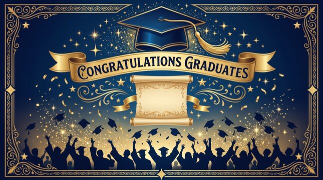 Congratulations graduates banner with mortarboard and scroll illustration