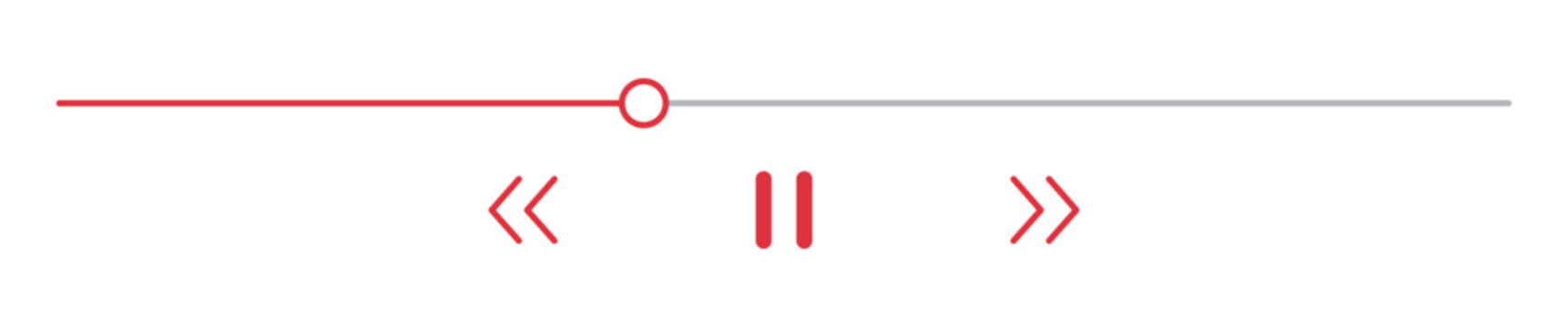 Horizontal audio waveform bar with seek slider and playback controls for digital music player application. Video player control bar with scrub line and playback buttons for interactive multimedia web