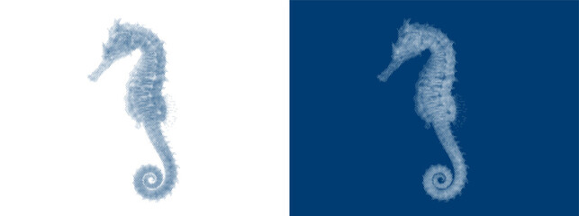 Seahorse Cyanotype Marine Print, Vintage Prussian Blue Sunprint Sea Life Illustration with Positive and Negative Halftone Panels © Josnara