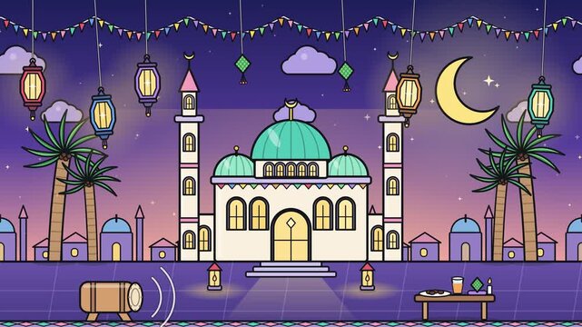 Ramadan Kareem Mosque Celebration Animation With Traditional Lanterns And Bedug Drum For Islamic Holiday Greeting And Festive Mubarak Worship Event
