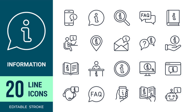 Information line icons set for customer support, help center, FAQ, user guide and knowledge base symbols, editable stroke
