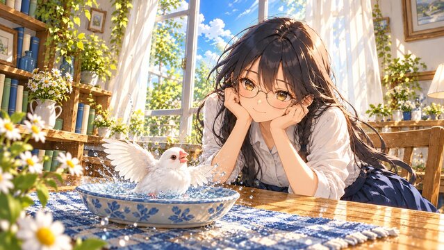 Anime girl with glasses and white Java sparrow by a sunny window，日差しの入る窓辺で過ごす白文鳥と眼鏡の少女のアニメイラスト