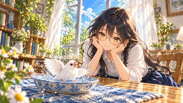 Anime girl with glasses and white Java sparrow by a sunny window，日差しの入る窓辺で過ごす白文鳥と眼鏡の少女のアニメイラスト