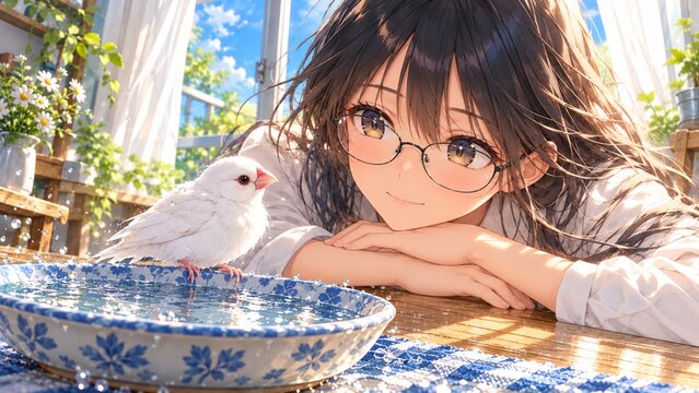 Anime girl with glasses and white Java sparrow by a sunny window，日差しの入る窓辺で過ごす白文鳥と眼鏡の少女のアニメイラスト