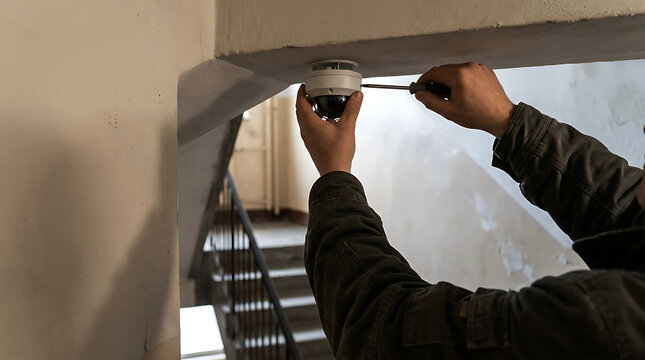 Professional technician installing a security surveillance camera on a ceiling