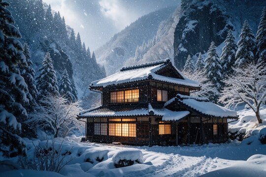Traditional Japanese house stands in deep snow within mountain valley. Warm light glows from windows of wooden minka home during winter snowfall. Peaceful rural landscape features snowy trees, steep