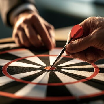 Aiming for the Bullseye: A close-up shot shows a hand holding a dart, poised to hit the bullseye on a dartboard, symbolizing focus and precision in achieving goals.