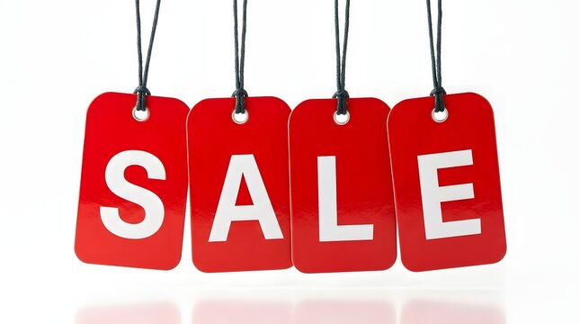 Bright red sale tags spelling out the word sale hanging against a white background