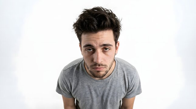 Tired Young Man Looking Up with Exhausted Expression Against White
