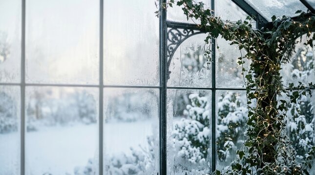 Frosty glass pane of a winter greenhouse with fairy lights and snow outside