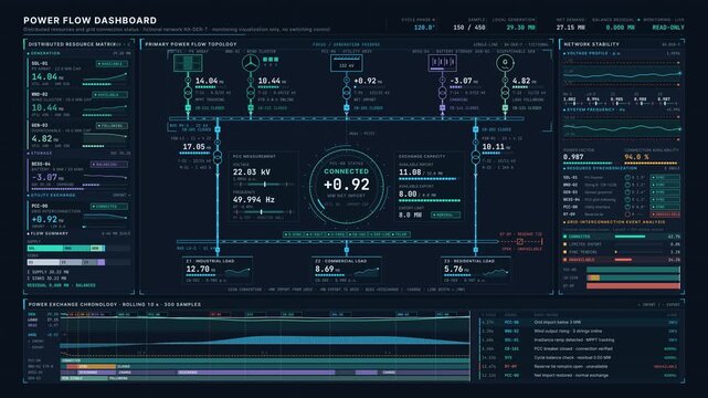 High-definition animated power flow dashboard monitoring distributed energy resources, grid connection status, and electrical network stability for utility operations.