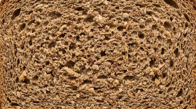 Whole wheat bread crumb macro texture featuring porous sourdough structure and visible grain fibers, capturing healthy nutrition and artisan baking for bakery menus and food packaging.