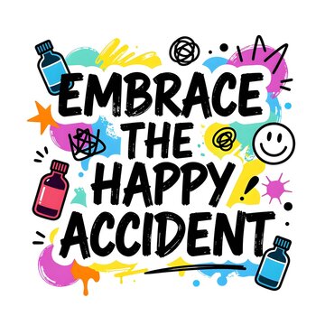 Colorful motivational quote embrace the happy accident with artistic doodles and ink splashes.