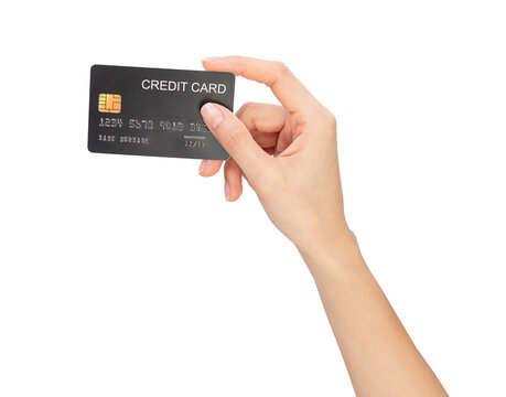 Clipping path, Hand holding mockup credit card isolated on white background, modern design.