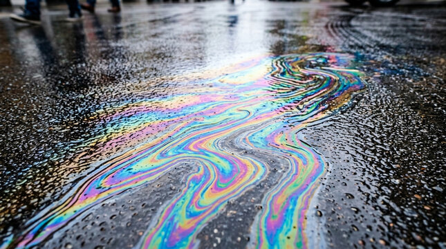 Iridescent Oil Slick on Wet Asphalt Road, Rainbow Colors, Urban Environment