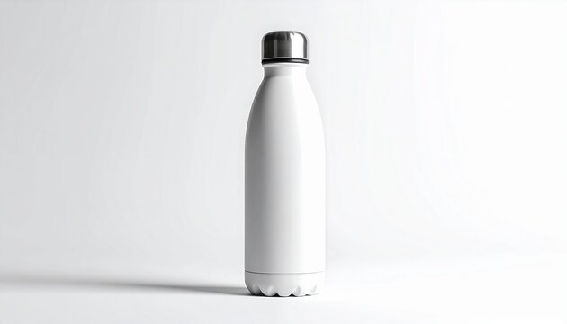 Minimalist White Metal Reusable Water Bottle Isolated on White Background.
