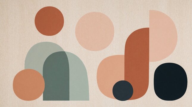 Abstract minimalist composition with geometric shapes in muted tones on light wood texture. Organic circles, arch forms create modern art pattern. Earthy colors design suitable for poster, wallpaper,