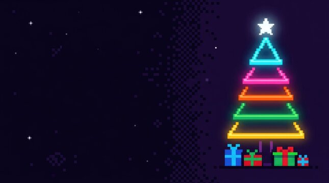 pixel art christmas tree with glowing neon colors and gift boxes in night sky