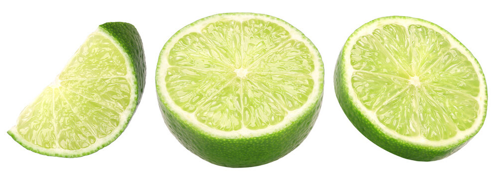 Natural fresh lime half and slice isolated, transparent PNG, collection