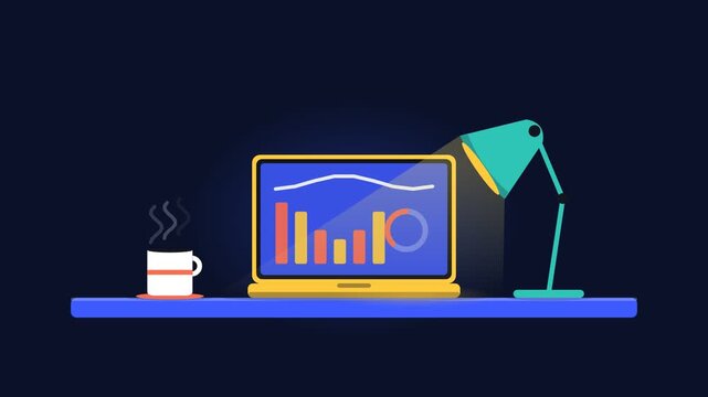 Blue laptop data chart animation with smooth flowing motion in a seamless loop footage