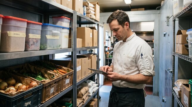 Professional chef checking ingredient quality and organizing stock in a restaurant kitchen.