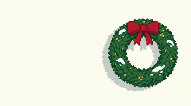 Pixel art Christmas wreath with red bow and snow on light background