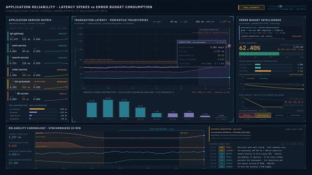 Cinematic 4K application reliability engineering dashboard visualizing latency spikes, SLO performance, and error budget consumption with evolving service-level analytics.