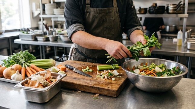 Chef sorting usable vegetable trimmings for stock preparation in a sustainable restaurant kitchen.